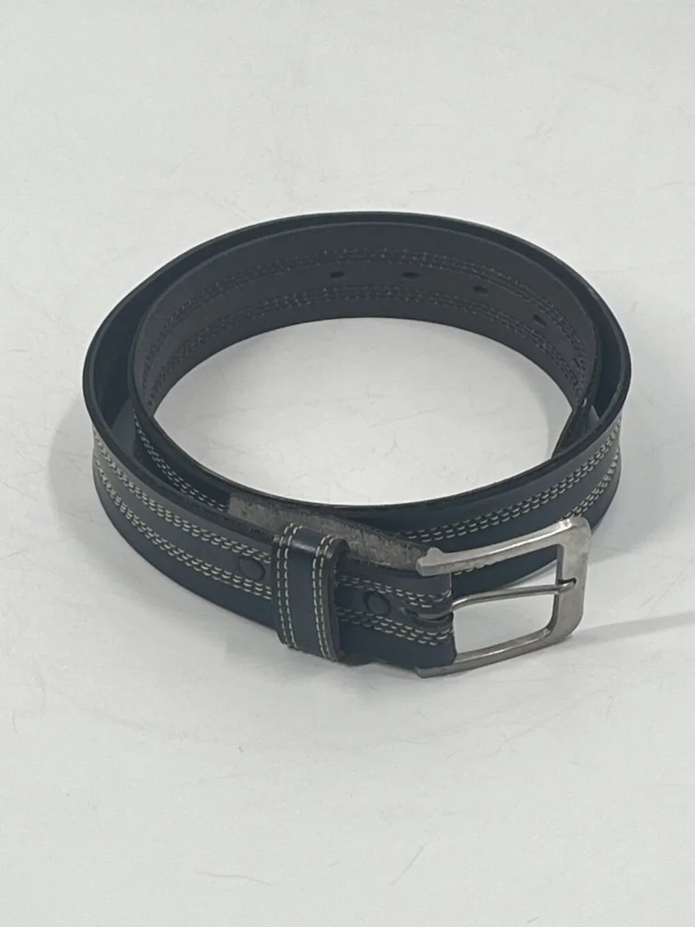Vtg Tex Tan Bonded Leather Belt Black Contrast Stitch Silver Buckle Sz 32